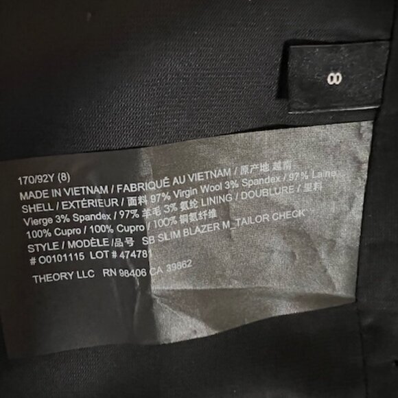 THEORY NWT Stretch Wool Slim Blazer Jacket. Black Multi. Gingham. Size 8 - Picture 9 of 10
